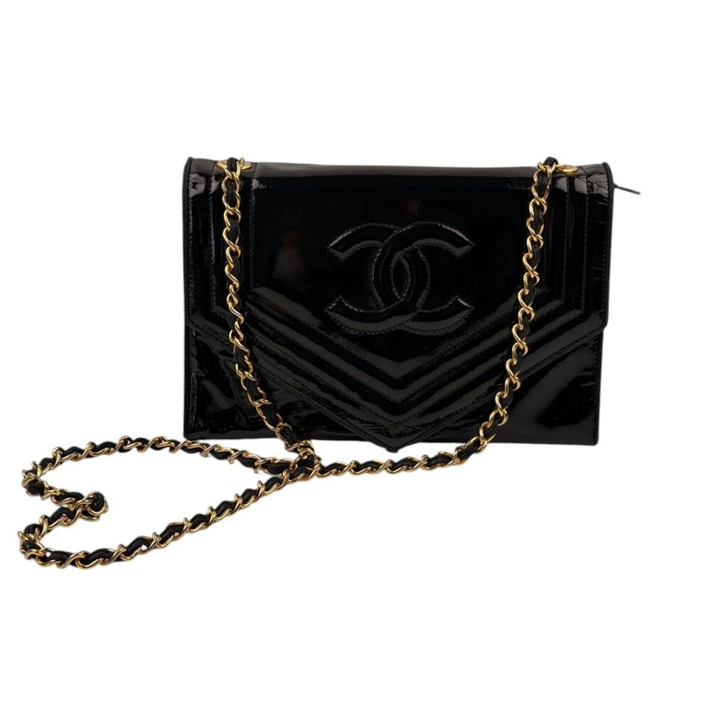 Chanel  Vintage CC Black Patent Envelope Flap Bag